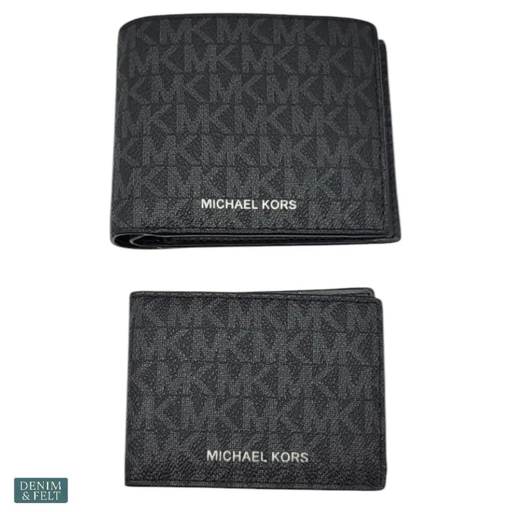 NEW Michael Kors Cooper Billfold Wallet w/ Passcase Black MK Logo Print‎